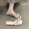 2025 Summer New Cool Slippers Women's Bow Rhinestone Belt Sweet and Gentle Square Head One-word Drag