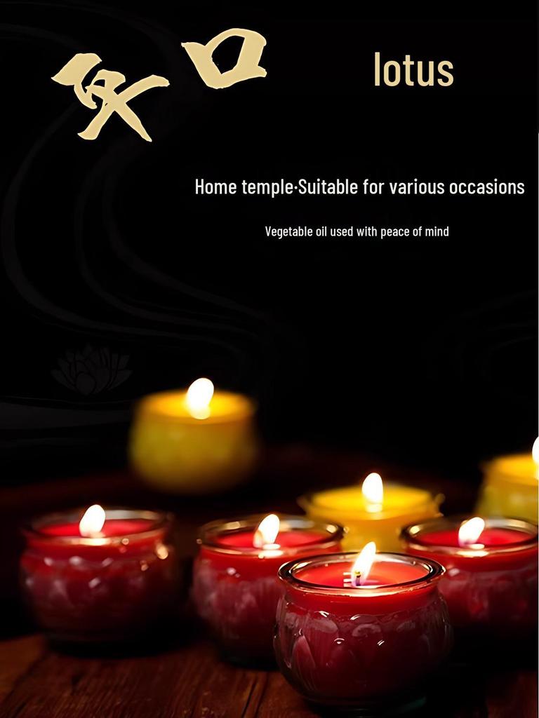 Smokeless Lotus Glass Oil Lamp - 24-Hour Ghee Candle for Buddha Offerings