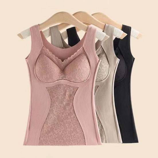 Sleeveless Thermal Tank Top for Women Fleece Lined Lace V Neck Base Layer with Built In Bra Warm Camisole Undershirts for Cold Weather