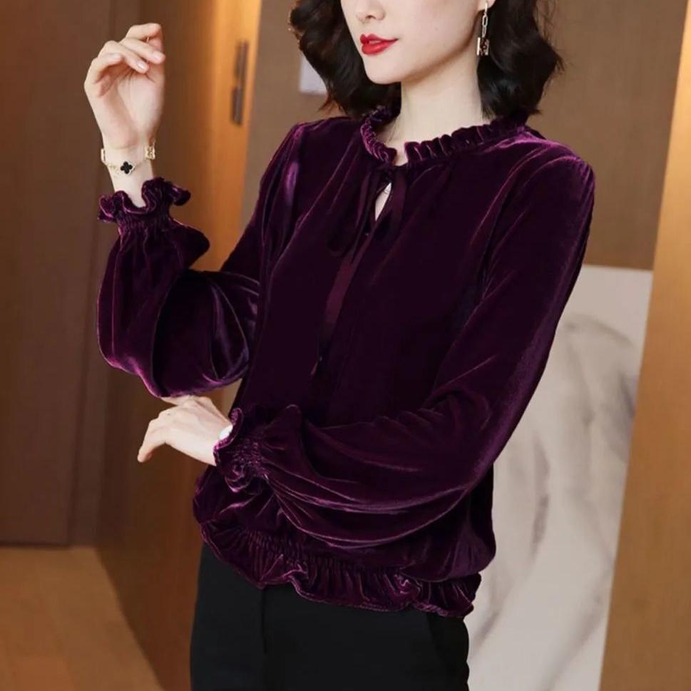 Женская золотая бархатная блузка, весенне-осенняя свободная рубашка в стиле ретро с длинными рукавами, пуловеры, топы