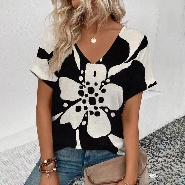 Футболка с V-образным вырезом для лета Женская футболка с ретро-цветочным принтом Модная футболка с принтом Элегантная футболка с короткими рукавами