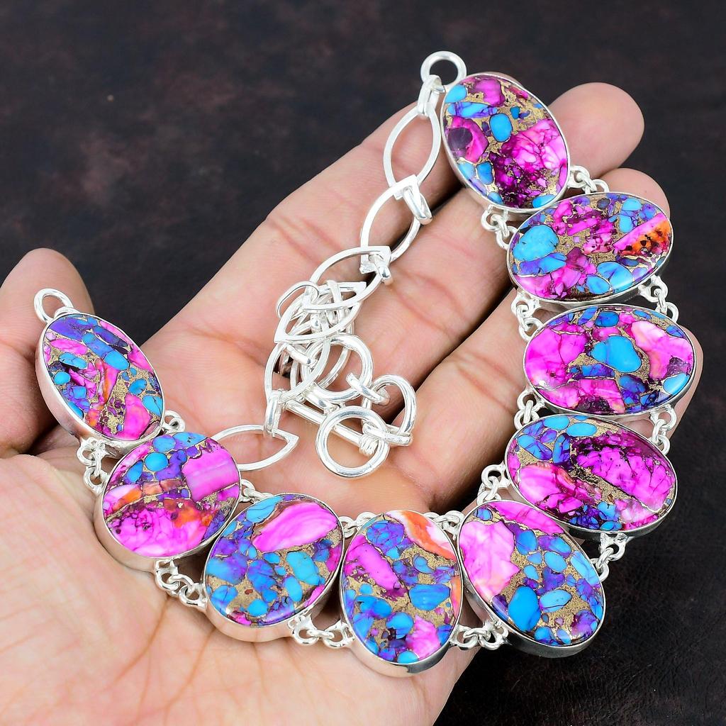 Натуральное ожерелье Kingman с розовым георгином и бирюзой, ожерелье из стерлингового серебра 925 пробы, регулируемая цепочка, ожерелье, драгоценный камень, ювелирные изделия ручной работы, подарок для мамы