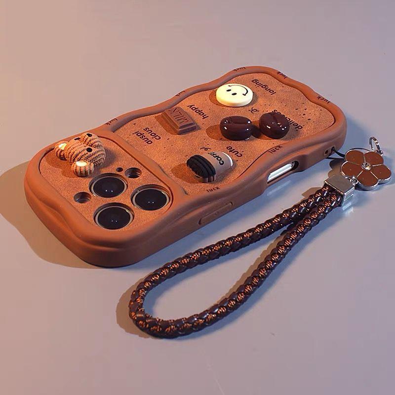 Suitable for Iphone 3D Cute Coffee Brown Wavy Edge Phone Case with Lanyard Soft Silicone Cover Perfect Gift for Girls Firends