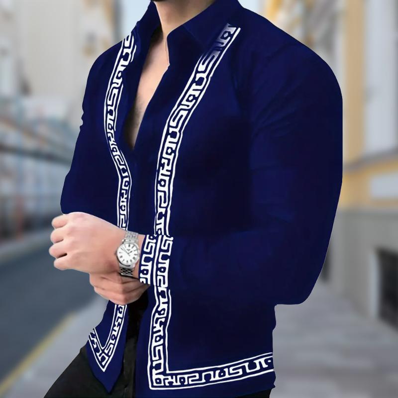 Men's Huizi Pattern Printed Long Sleeve Shirts Casual Cardigan New Button Holiday Fashion Shirts