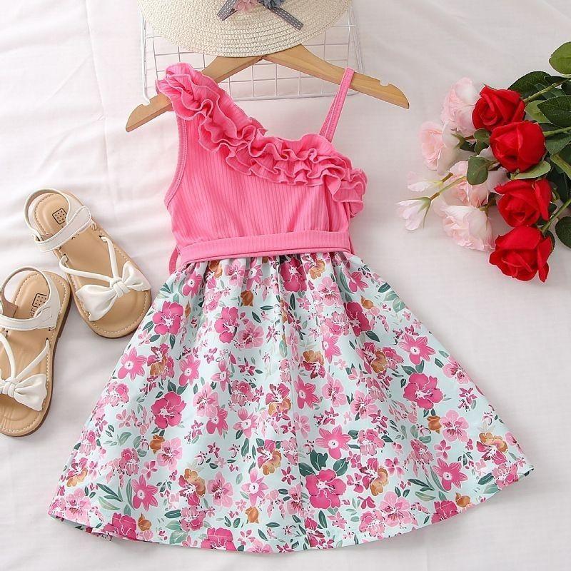 Летнее платье для девочек с цветочным принтом в стиле принцессы, платье с покатыми плечами и подтяжками, стильное детское платье принцессы