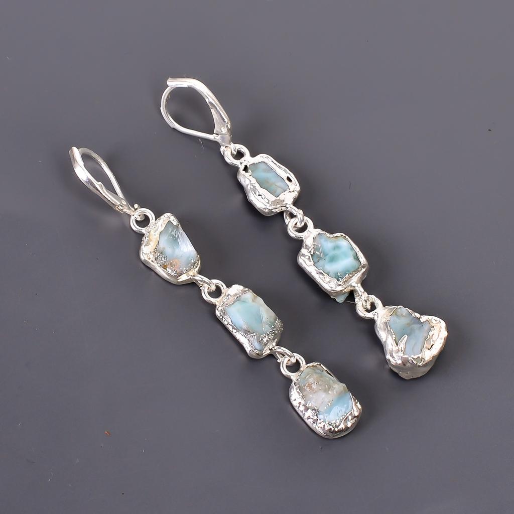 Ларимар Камень Посеребренный Юбилей Электроформованные Подвесные Серьги Подарок Жене V-101