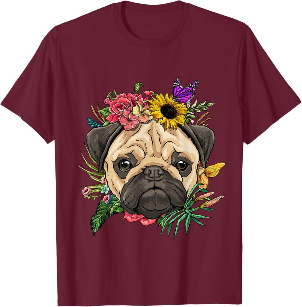 Pug Face Flower Crown Butterfly Graphic Tee Soft Cotton Casual Trip T-Shirt