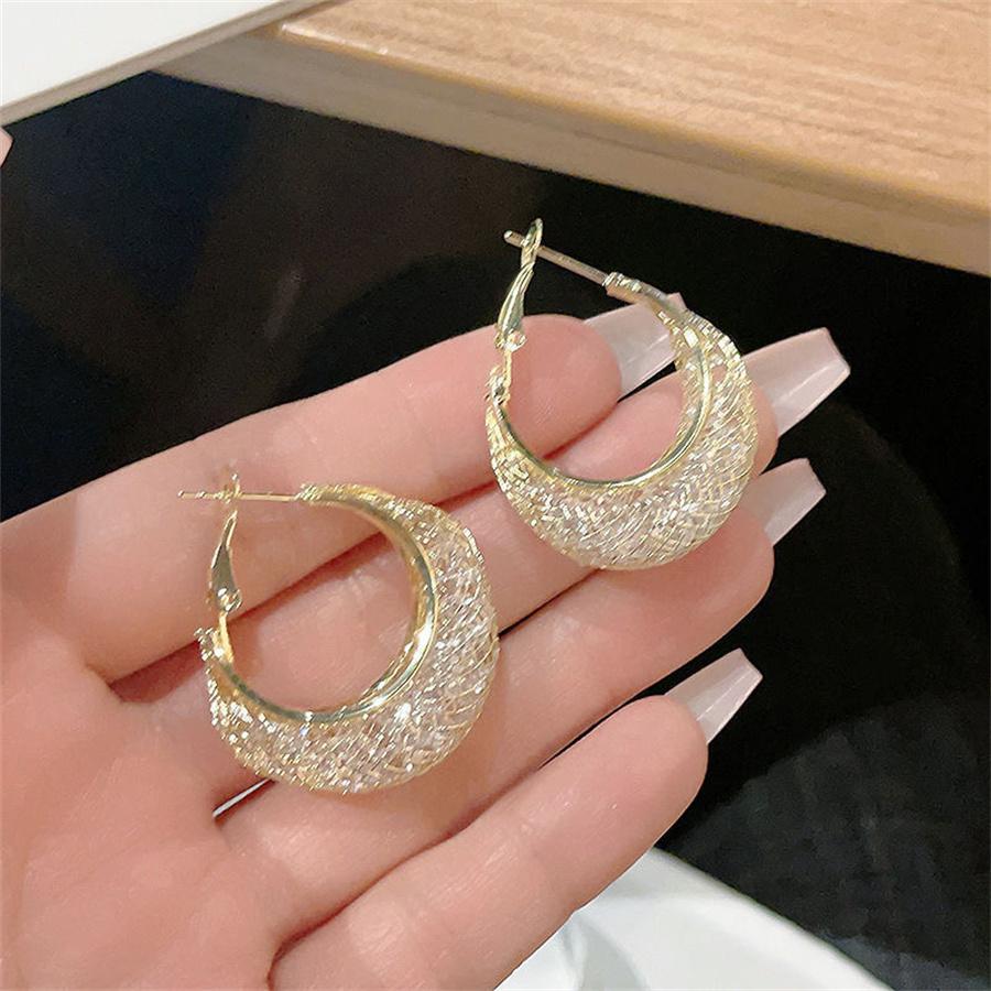 Minimalist Wire Mesh Zircon Round Hoop Earring for Women Unique Gold Color Loop Statement Party Jewelry