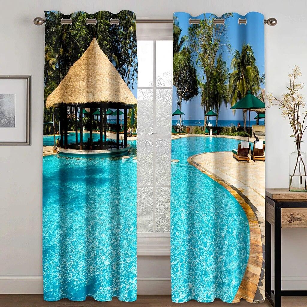Cheap 3D Printing Sea Semi Sunshade Curtain Thin Polyester Beach Scenery For Bedroom Living Room Home Hook Decor