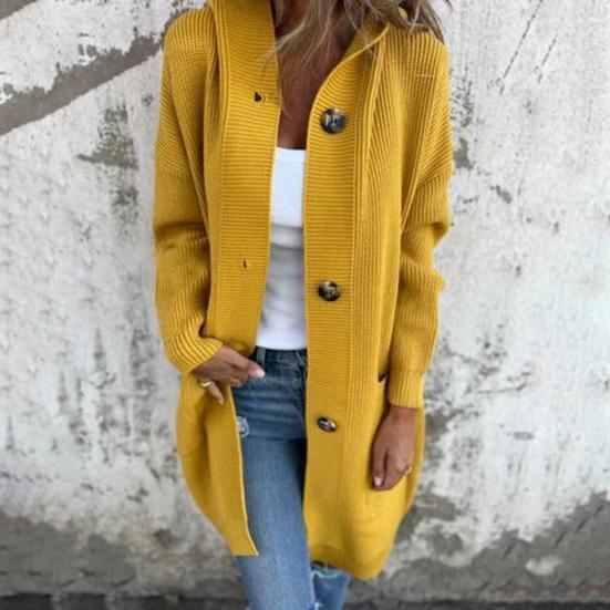 Женский вязаный кардиган с капюшоном, длинный рукав, однобортный свитер, пальто с карманами, однотонный трикотаж средней длины