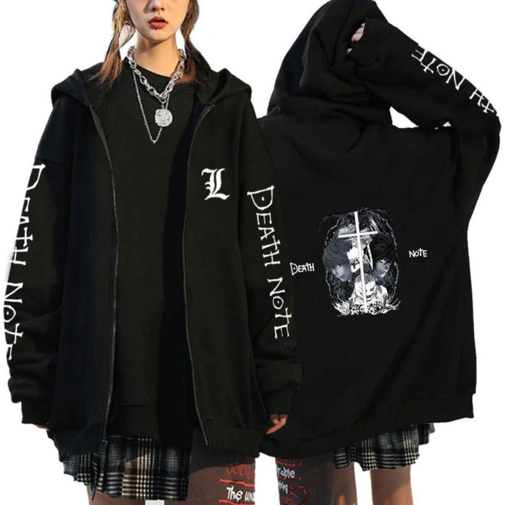Anime Death Note Zipper Hoodie Gothic Men's Cartoon Pattern Street Wear Black Wool Zipper Jacket Coat