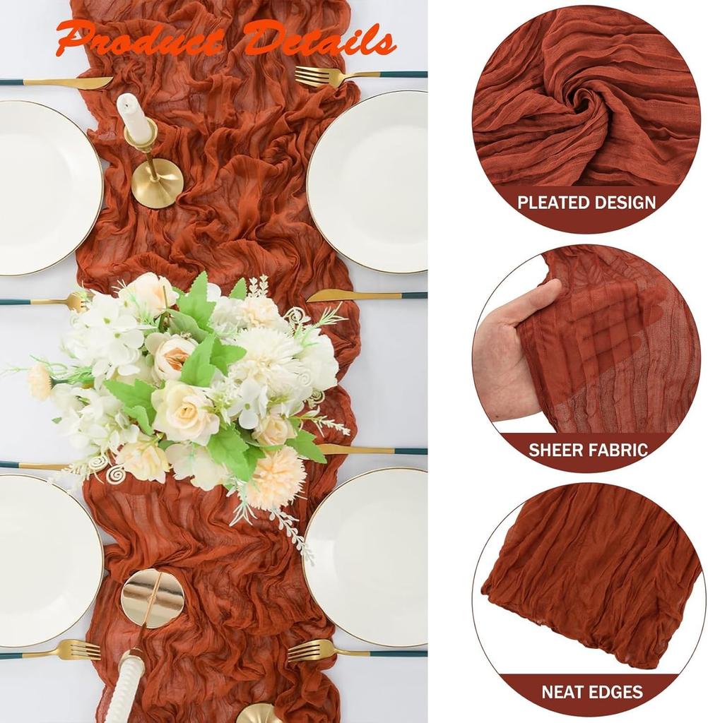 10PCS Terracotta Semi-Sheer Table Runner Gauze Cheesecloth Table Setting Dining Wedding Reception Events Christmas Fall Decor