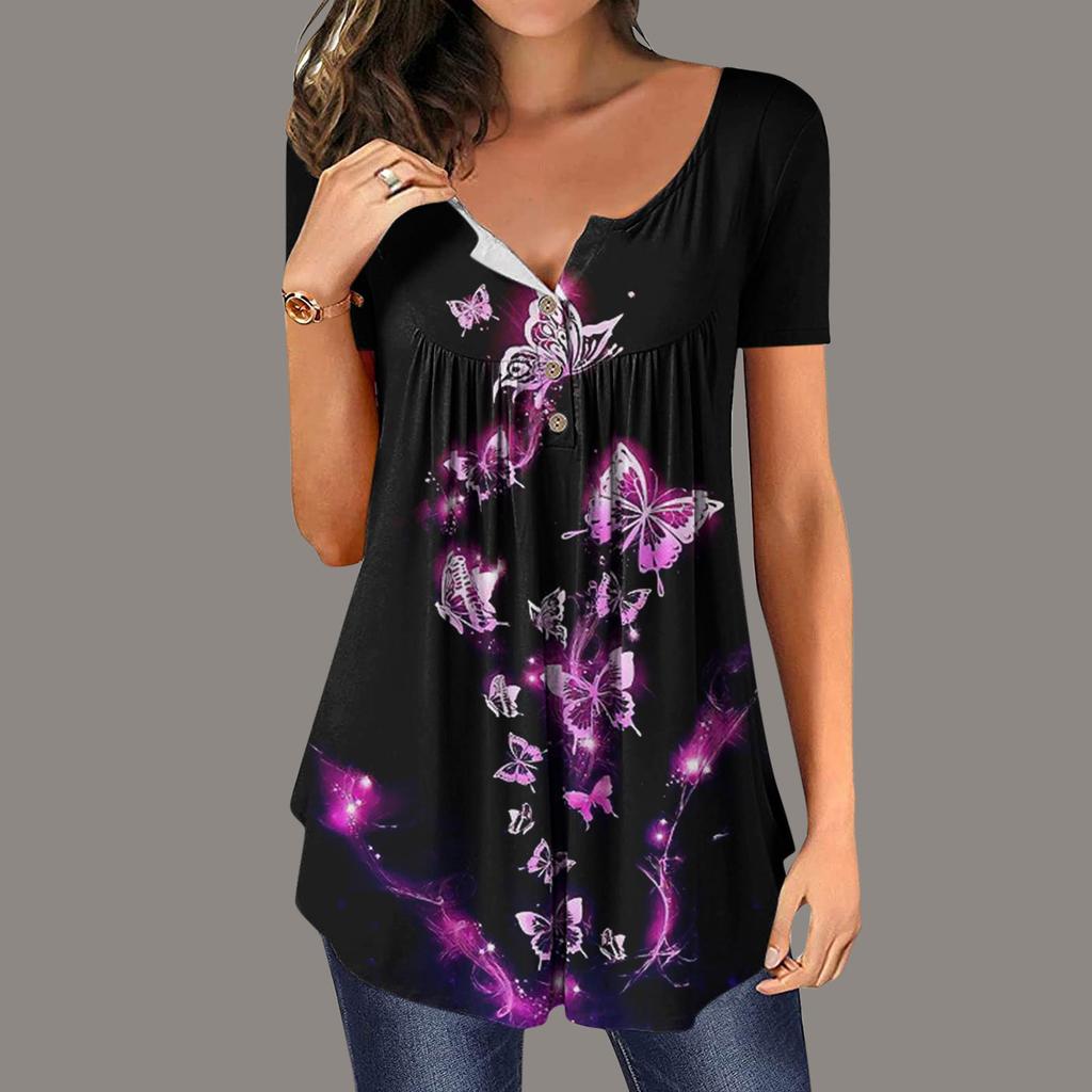 Женский летний топ с коротким рукавом и круглым вырезом, топ с цветочным принтом бабочки