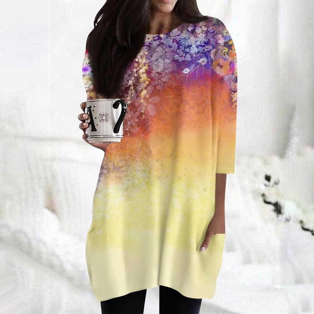 Женские повседневные рубашки с рукавами 3/4, модные туники с принтом, топы с карманами