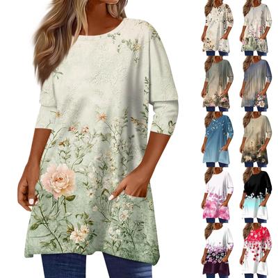 3/4 рукава кармана топы для женщин футболка повседневный принт средней длины топы футболка круглый вырез пуловер блузка