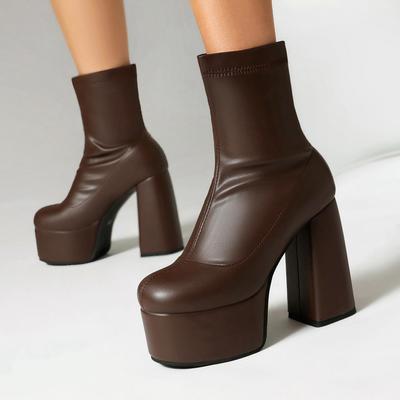 ПУ обувь осень-зима толстые высокие каблуки супер размер водонепроницаемые ботинки круглый носок сохраняют тепло ботильоны без застежек размер 48