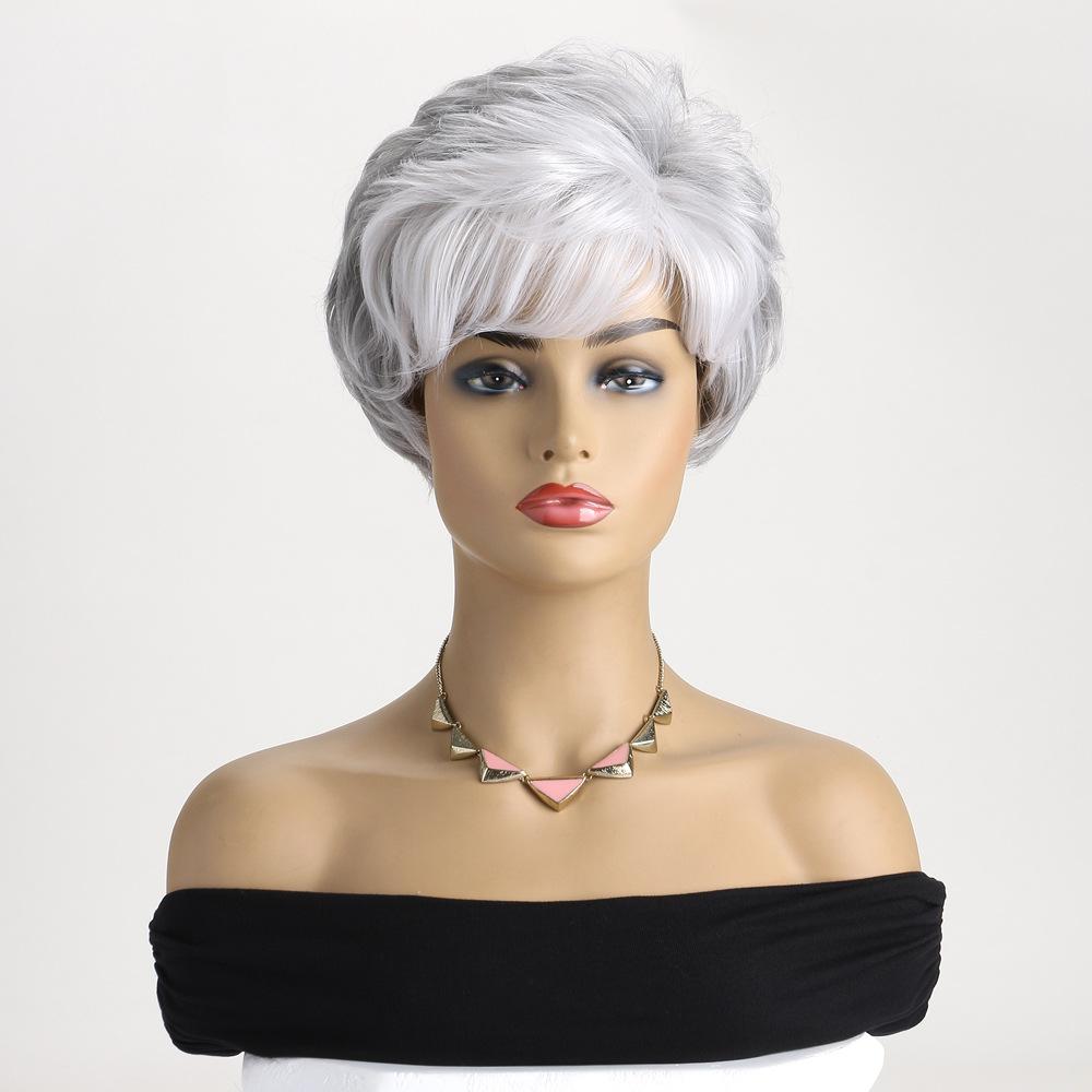 Short Grey Silver Wigs for White Women Natural Layered Pixie Cut Wigs with Bangs Synthetic Short Gray Hair Wig for Older Women