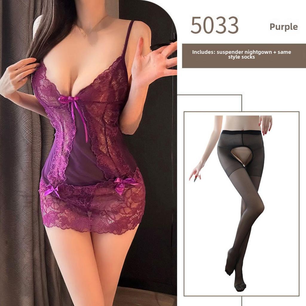 Фиолетовый Pure Desire ночная рубашка с подвязками на чулки ажурное кружево прозрачная кровать сексуальная пижама флирт