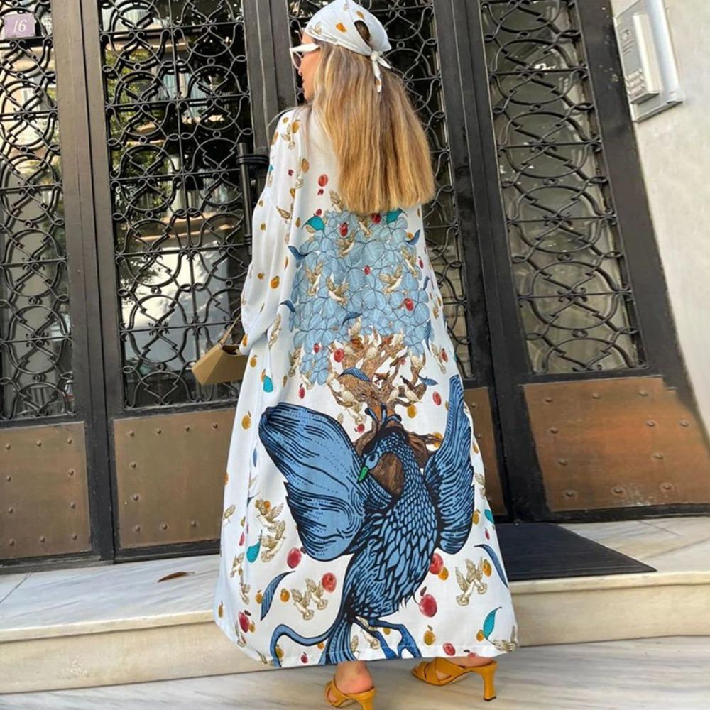 Boho Bikini Cover-ups Peacock Print Loose Maxi Dress Fashion Long Dress Beachwear For Women