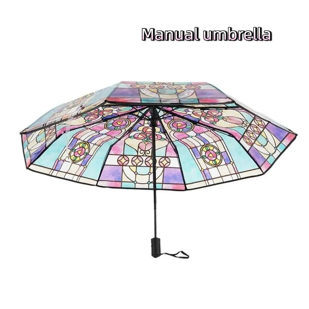 Hand-Painted Design Transparent Umbrella Stained Glass Print Automatic Umbrella  Rain Protection