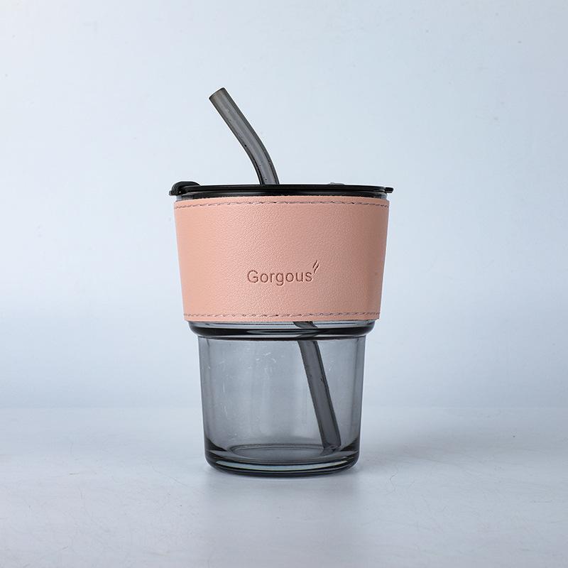 Vertical Pattern Bamboo Cup Glass Transparent Household Striped Water Cup Office Straw Cup with Lid Ins Style Coffee Cup