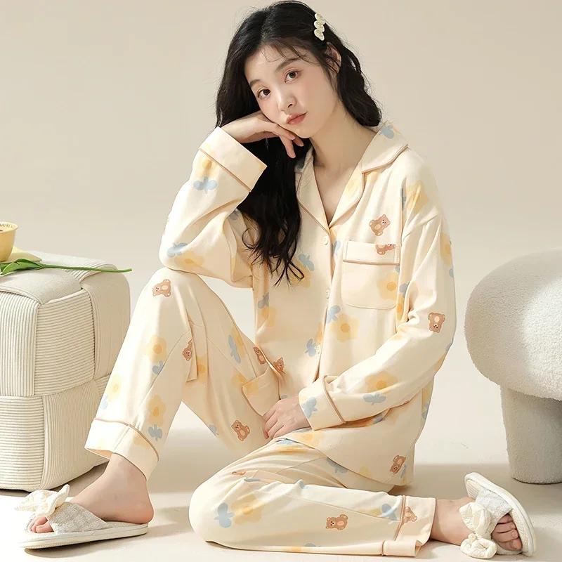 Осенне-зимняя хлопковая пижама для женщин, с длинными рукавами, женская одежда для сна, кардиган, пижамы с V-образным вырезом, японская женская домашняя одежда