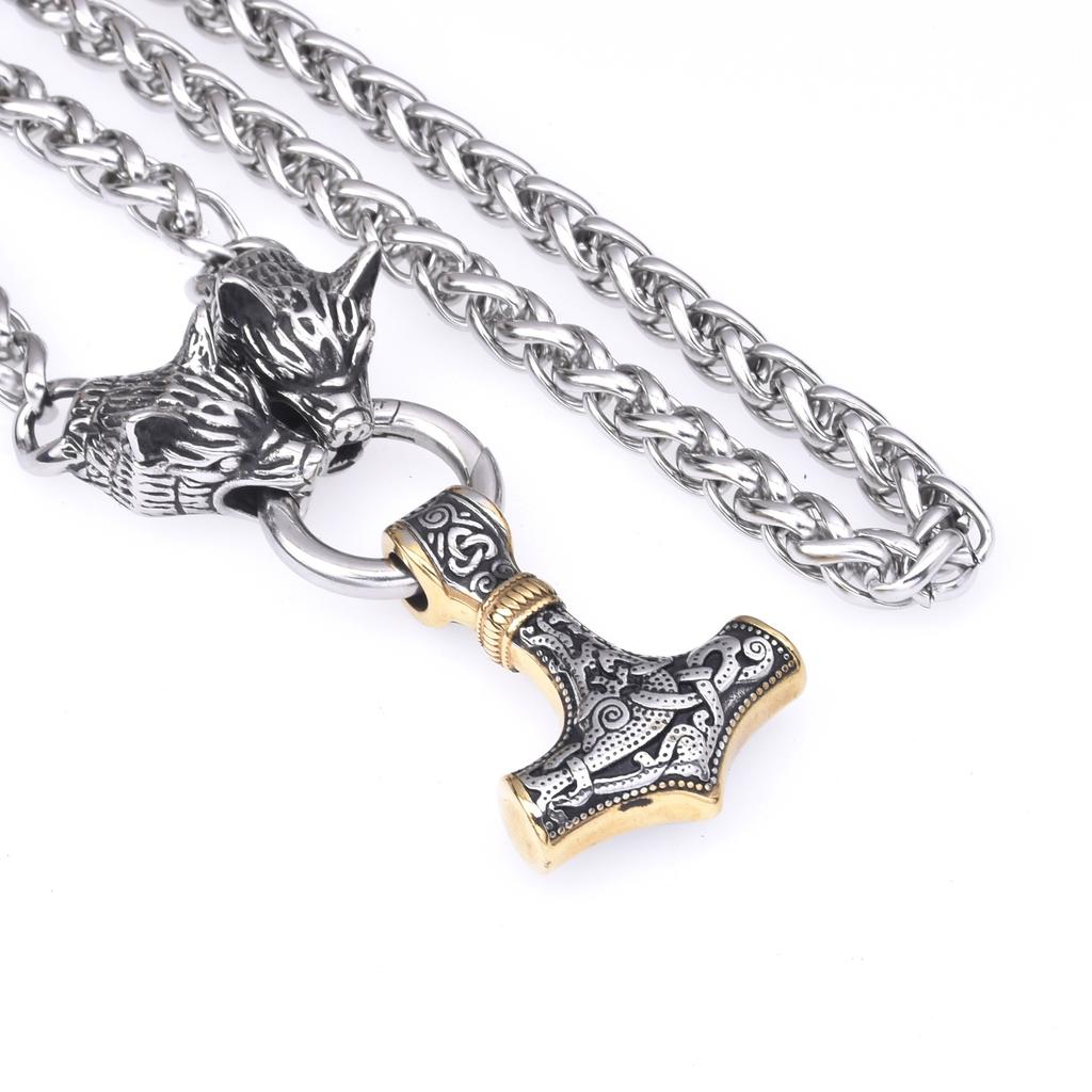 Men 'S Stainless Steel Necklace Viking Stainless Steel Wolf Head Thor 'S Hammer Pendant Necklace