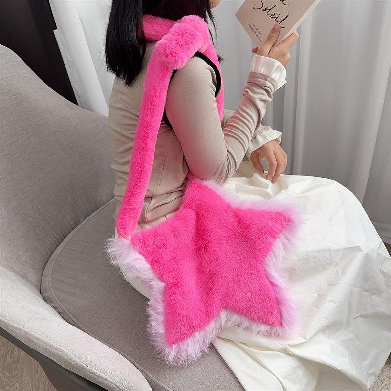 Новинка 2024 года, плюшевая сумка с пятиконечной звездой, меховая шерстяная сумка через плечо для женщин, осень и зима, для девушек, Ins Design, повседневная сумка-мессенджер