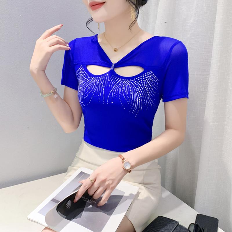 Новая летняя мода женская сетчатая футболка одежда шикарная сексуальная с V-образным вырезом с вырезами в виде ромбов футболки женские с коротким рукавом эластичные облегающие топы