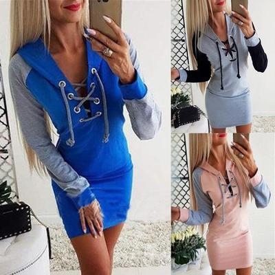 Платье на шнуровке с V-образным вырезом, женское облегающее платье с длинными рукавами, повседневное платье с капюшоном в стиле пэчворк