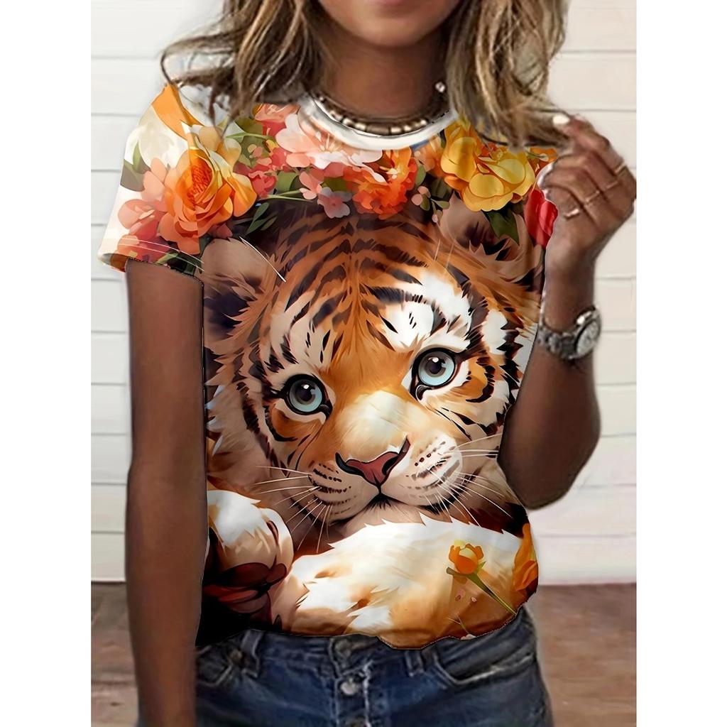 2025 Summer New Women's 3D Digital Printed T-shirt Creative Animal Pattern Round Neck Casual Short Sleeve Loose Fashion Top