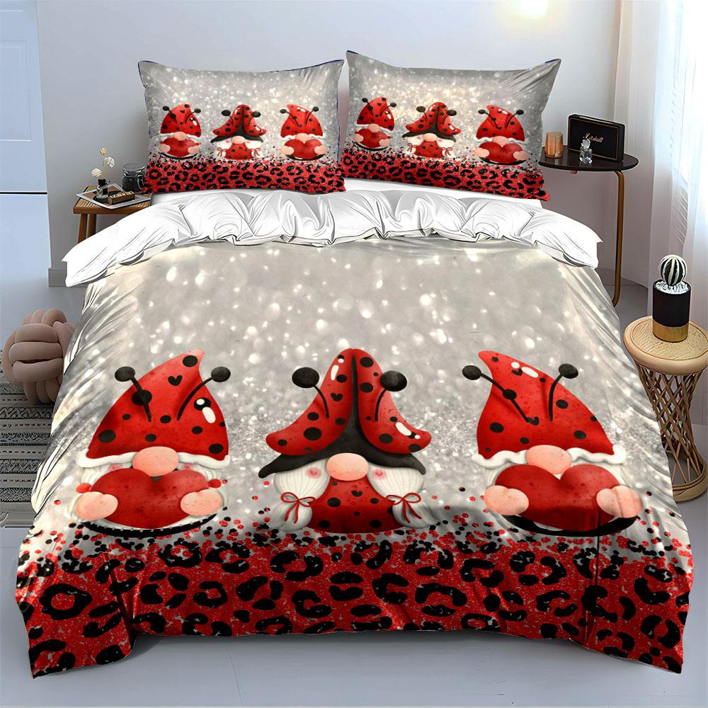 Ladybug Gnomes with Hearts Bedding Duvet Cover Set (1*Duvet Cover 2*Pillowcases, without duvet insert)