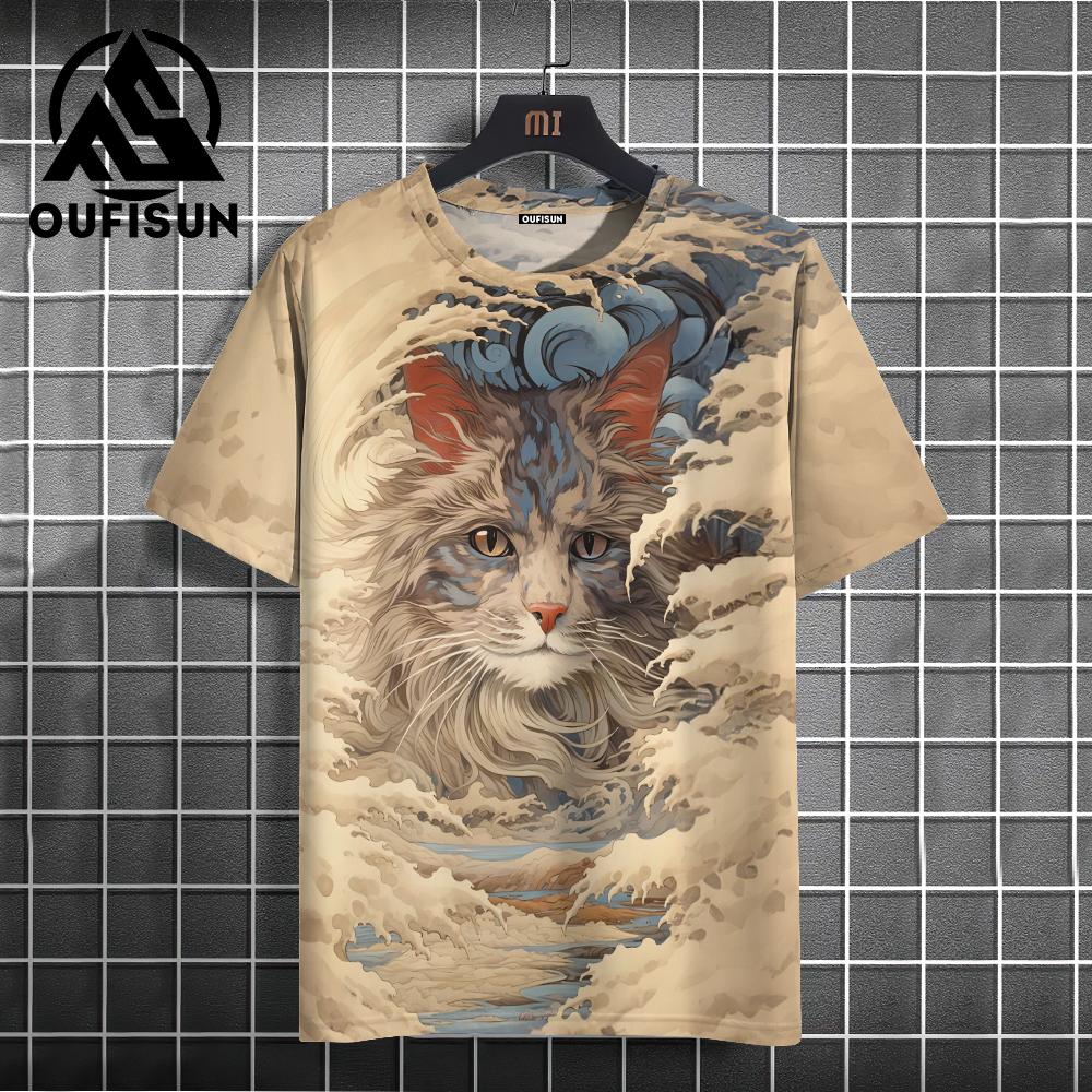 Men's T-shirt Japanese Style Ukiyo-e Cat Pattern Printed T-shirt