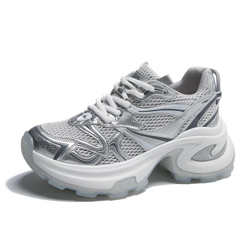 Туфли для папы на серебряной платформе, женская, новинка 2025 года, летняя, тонкая, дышащая, сетчатая, спортивная, универсальная, повседневная, женская обувь