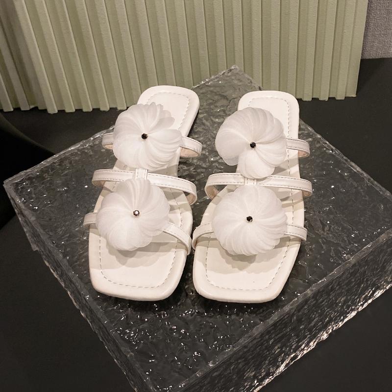 Fashion Aphixta Women Flat With Slides White Flower Dec Woman Slippers Summer Beach Square Toe Casual Shoes Woman 2025 Trend Shoes