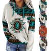 Womens Casual Geometric Horse Print Long Sleeve Drawstring Pullover Tops, Ethnic Style Hooded Sweatshirt Moletom Feminino Plus Size