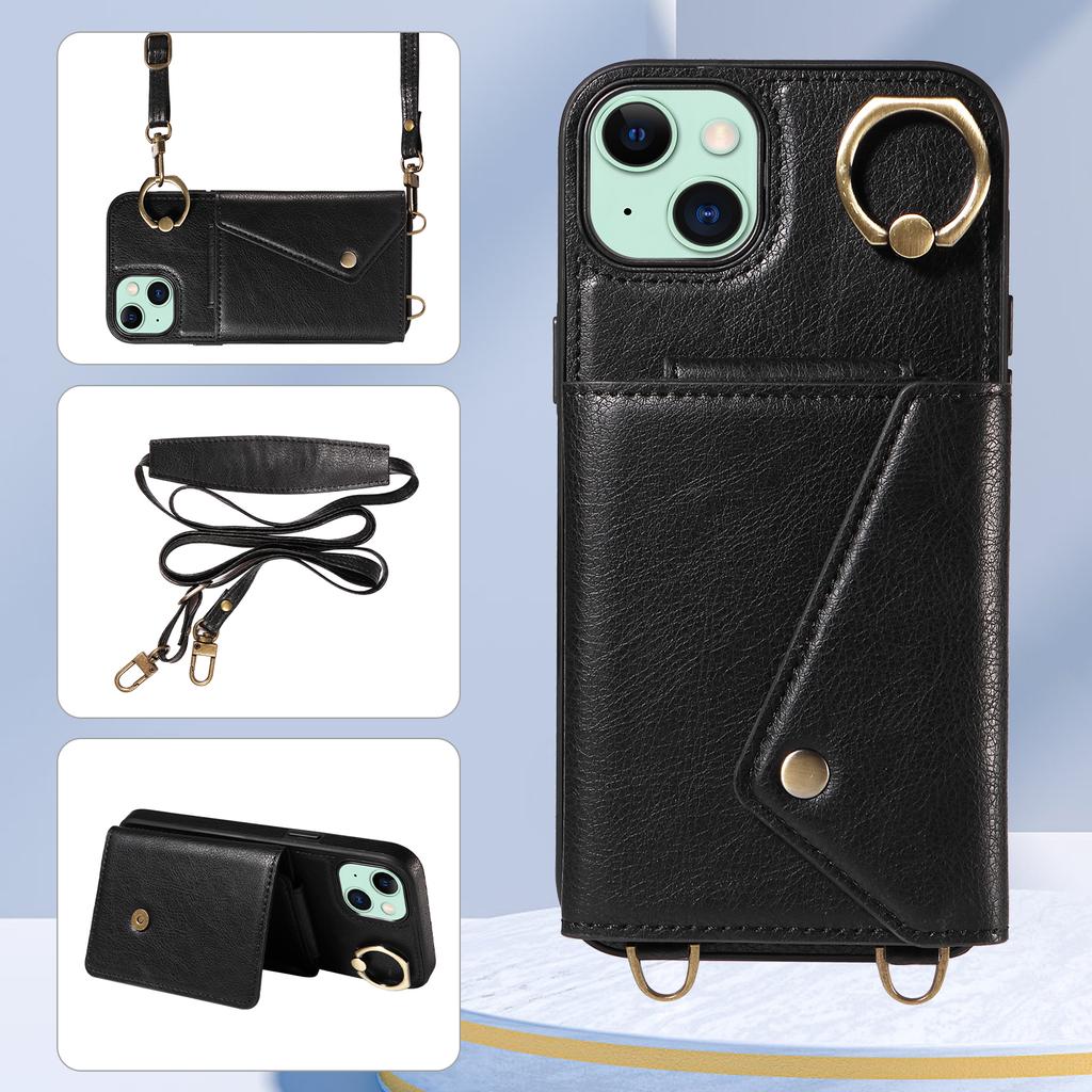 Для iPhone 15 серии. Для iPhone 15, 15 Plus, 15 Pro, 15 Pro Max плечевой ремень веревка кольцо кронштейн дизайн держатель для карт слоты личи узор чехол для телефона