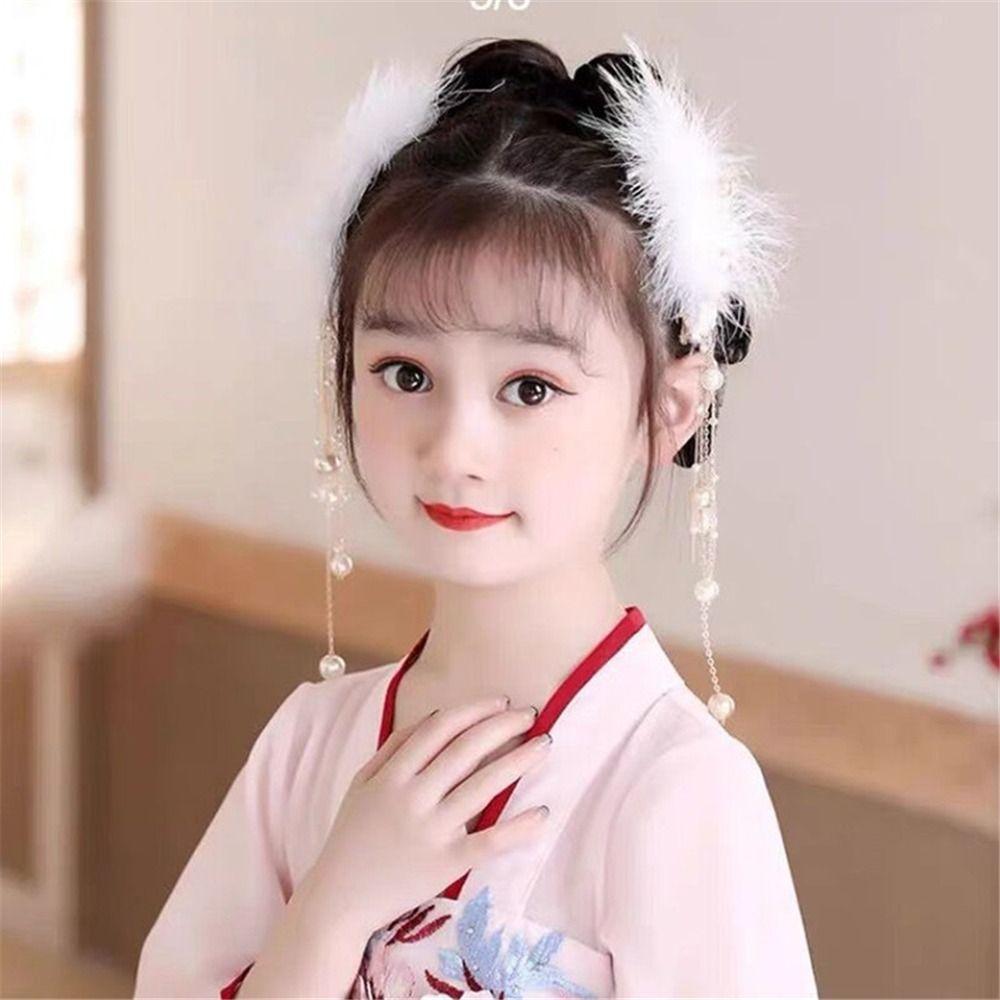 Заколка для волос «Перо феи» с жемчужной кисточкой для девочек, боковые зажимы, модные аксессуары для волос Hanfu для женщин