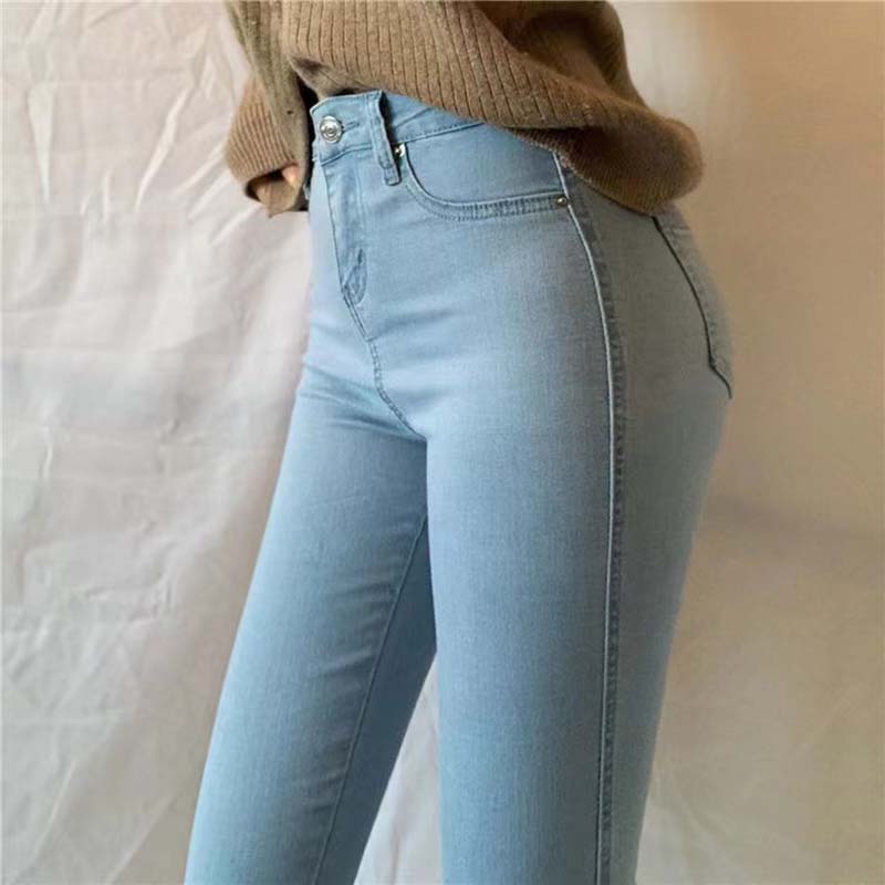 Large Size Elastic High Waist Jeans Women's Skinny Elastic Slim Denim Trousers Vintage Washed Hip Lift Pencil Denim Pants