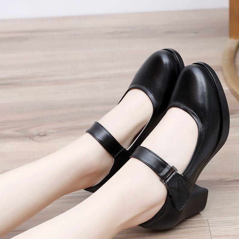 Medium Heel Cheongsam Catwalk Shoes Round Head Thick Heel Women's Professional Work Shoes Beef Tendon Sole Single Shoes Mother