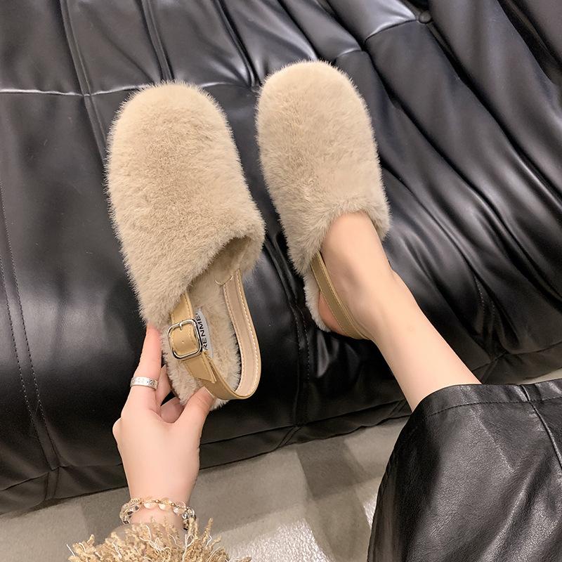 Тапочки женские новые модели осень-зима 2025 с флисом для сохранения тепла, круглая головка сзади ремешок, верхняя одежда мешок голова универсальная на низком каблуке пух