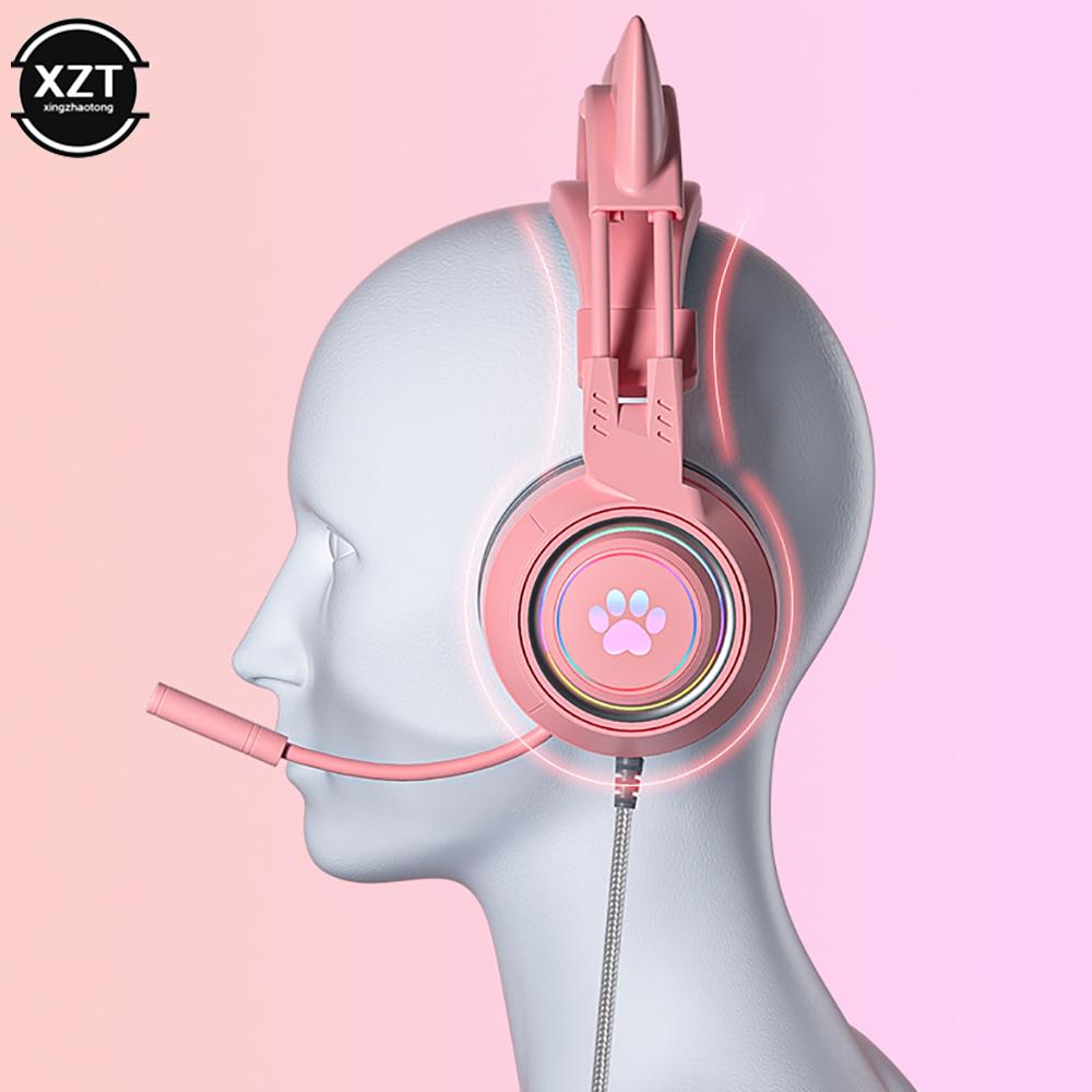 Светящиеся игровые наушники с кошачьими ушками для ПК, компьютерные игровые гарнитуры с микрофоном, шумоподавлением, проводной USB 3,5 мм для Ps4/xbox One