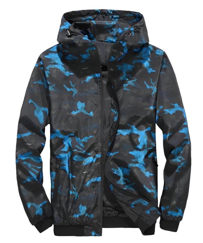 Four Leaf Camouflage Parka Long Sleeve Nylon Jacket Men's Windbreaker/Mountain (3XL, Blue)