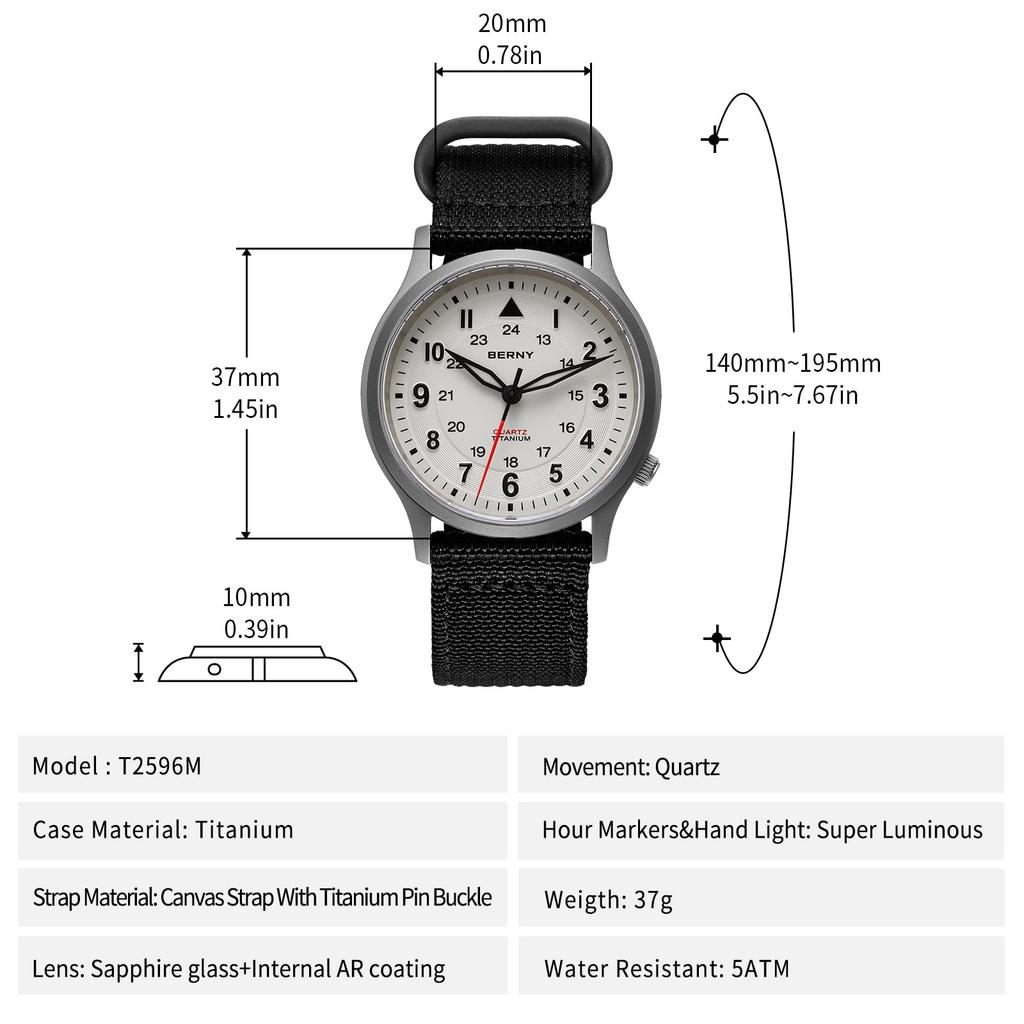 Титановые часы BERNY с японским кварцевым механизмом с плавной секундной стрелкой, аналоговые кварцевые часы для мужчин, водонепроницаемость 5 АТМ и холщовый ремешок, мужские (VH31), Женщины,