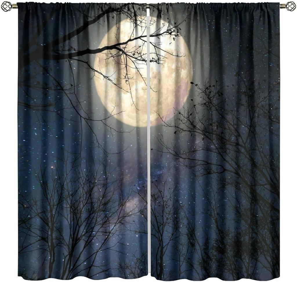 Gothic Dark Misty Forest Curtains, Mysterious Horror Foggy Dim Dead Jungle Under Strange Bright Moon,Thermal Insulation Blackout