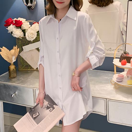 Женская рубашка с лацканами, длинный рукав, рубашка средней длины, однотонная, с пуговицами, планка, повседневная, стандартный крой, топы для повседневной носки