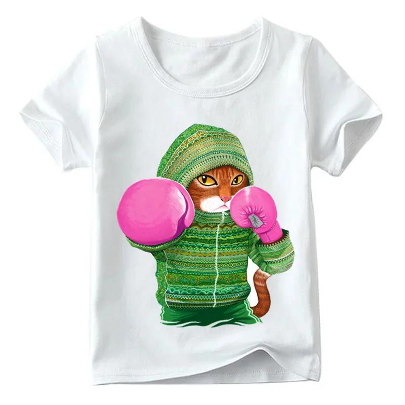 Cool Boxing Cat With Pink Gloves Print Kids Short Sleeve T Shirt Soft Polyester Crew Neck Boys Girls Summer Casual Daily Wear Tee