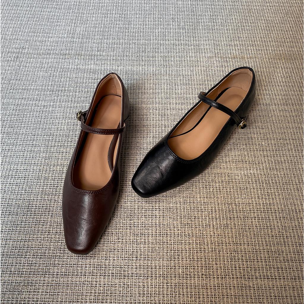 Washed Cowhide~ Retro Ballet Flat-soled Single Shoes Women's Leather Folds with Mary Jane Shoes Temperament Low Heel