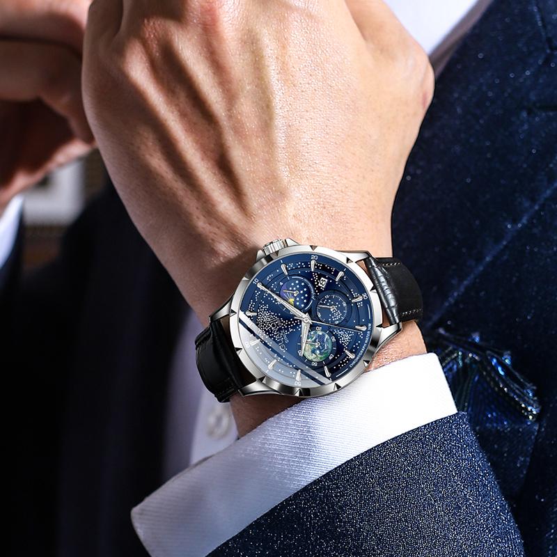 GUANQIN Men's Watches Trend Fashion Starry Night Light Dial Original Quartz Wristwatch for Man Waterproof Moon Phase Date 19210