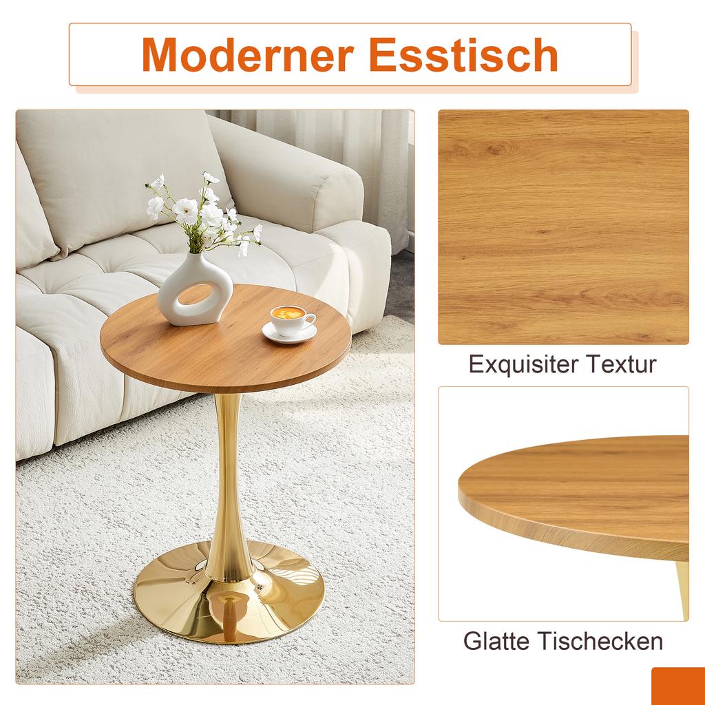 Round 60cm side table / small dining table, MDF: thermoforming tabletop, wood grain look, gold support base - for living spaces.
